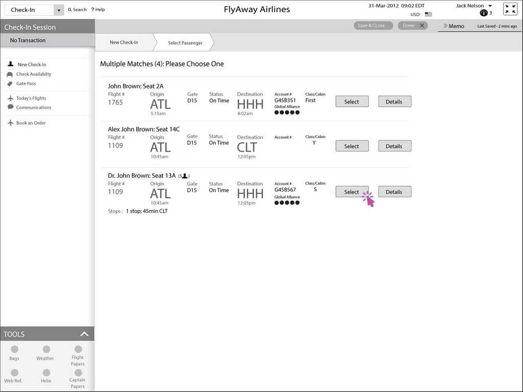 Check-In Agent pulls up the Browns' itinerary 