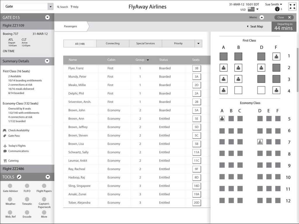 Agent looking at seat map and passengers boarded