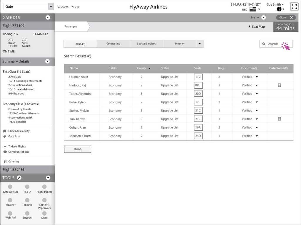 System showing the Upgrade List of passengers
