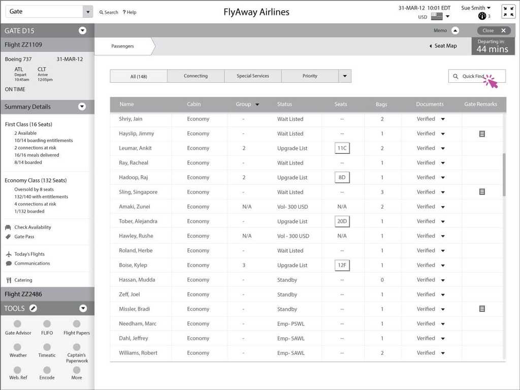 Sue filtering the passenger list to show only passengers on the upgrade list