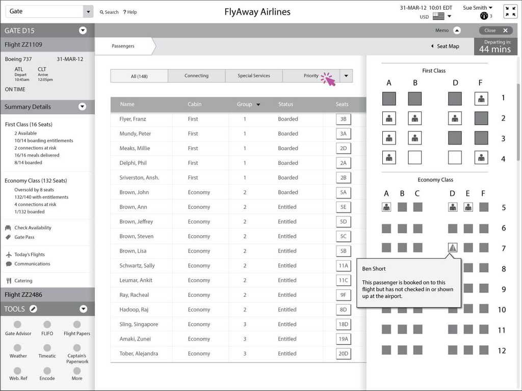 Note for agent showing that passenger has not checked in
