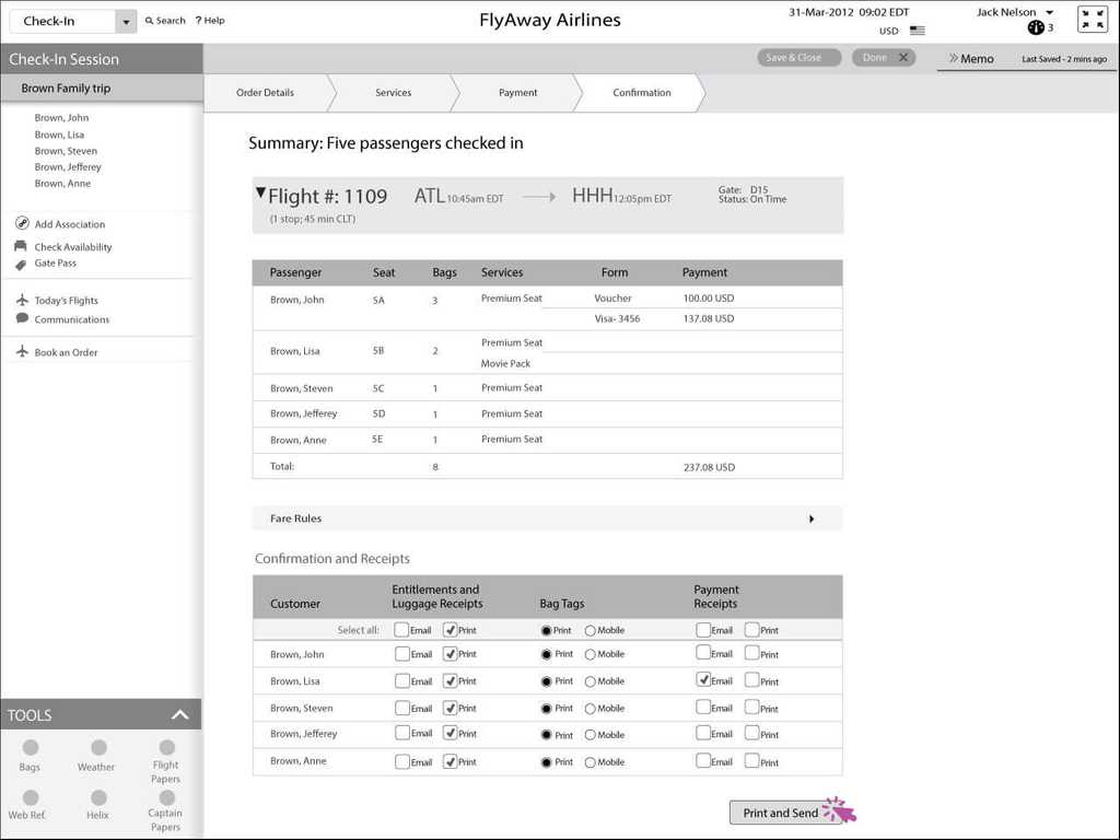 Finishing the payment and check-in. Printing and sending receipts and boarding passes